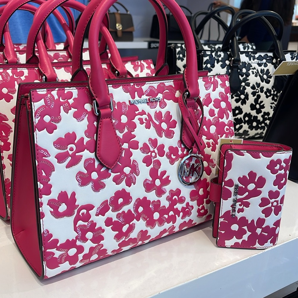 Michael Kors Sheila Md Sequined Floral Print CZ Satchel & JST Md Bi-Fold Wallet - Picture 3 of 16